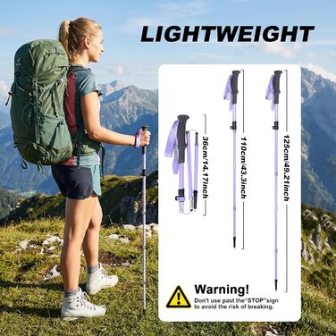 Телескопічна палиця для скандинавської ходьби Qoosea для жінок, вуглецеве волокно, складана трекінгова палиця 110-125 см з гумовим наконечником та сумкою (фіолетова)