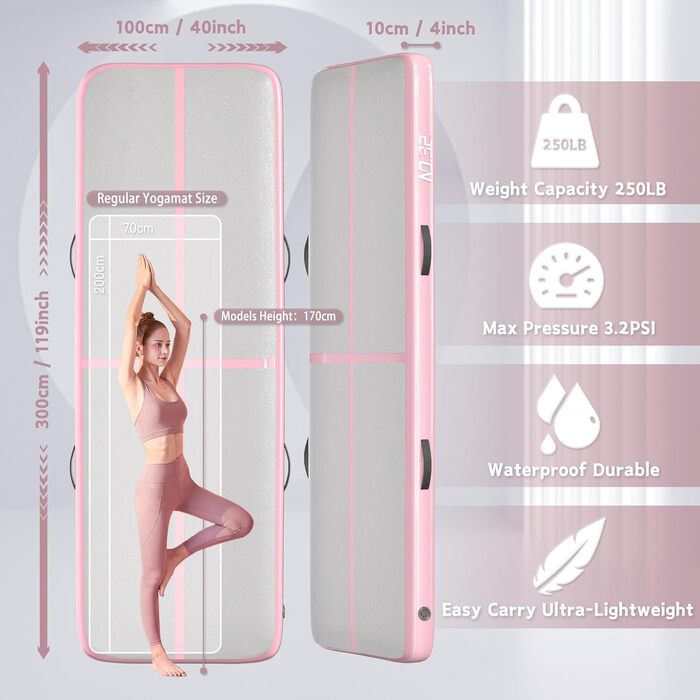 Гімнастичний надувний мат, 3 м, для гімнастики, фітнесу, йоги, бойових мистецтв, пляжу, 10'x3.3'x4' (300x100x10 см), Рожевий