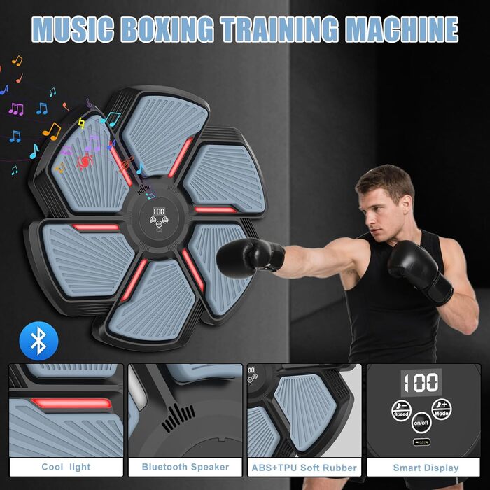 Музичний боксерський тренажер SWBSLL з рукавичками, LED-підсвіткою та Bluetooth, 9 швидкостей, 9 режимів, 30 рівнів гучності, для дорослих та дітей