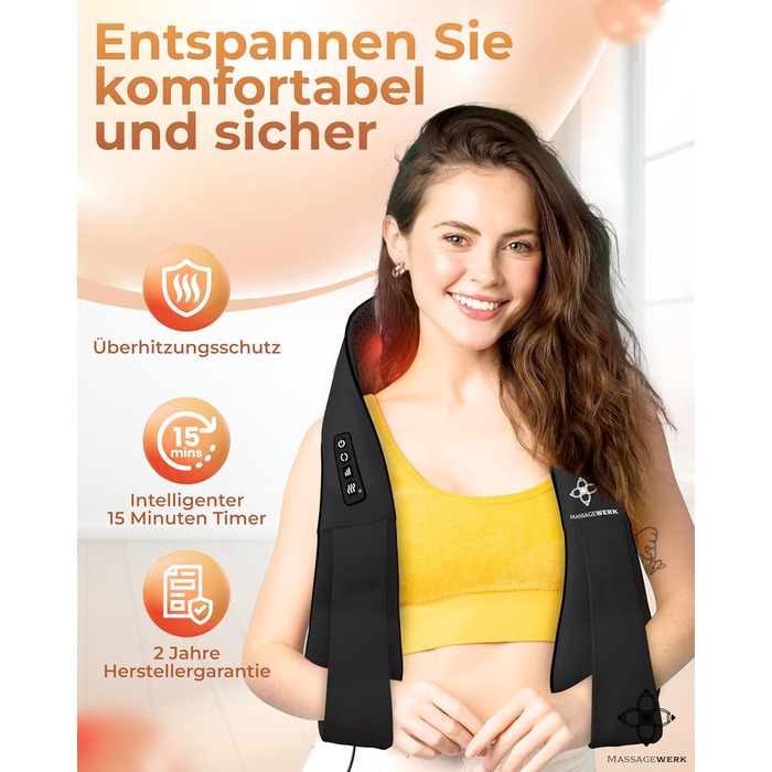 Масажер MASSAGEWERK Shiatsu для шиї та спини, електричний з функцією підігріву, чорний, для зняття м'язових болів та напруги, ергономічний
