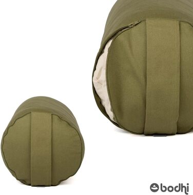 Йога-болстер Bodhi ECO, круглий, 100% біобавовна, наповнювач з органічної лузги полби, знімний чохол, для відновлювальної йоги, зелений, 65x20 см