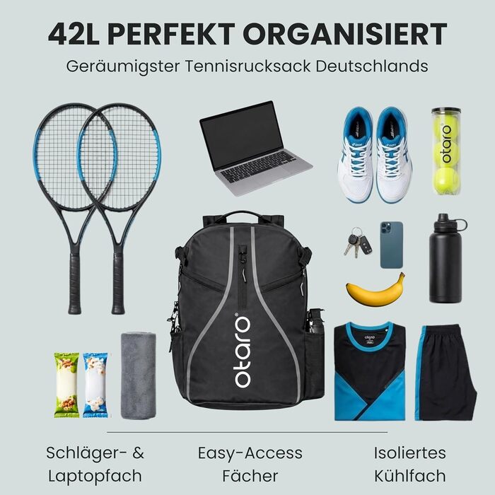 Рюкзак тенісний Otaro з відділенням для взуття, ноутбука та термо-відділенням для ракеток, 42л, чоловічий/жіночий, чорний світловідбиваючий + дощовик та мішок для одягу