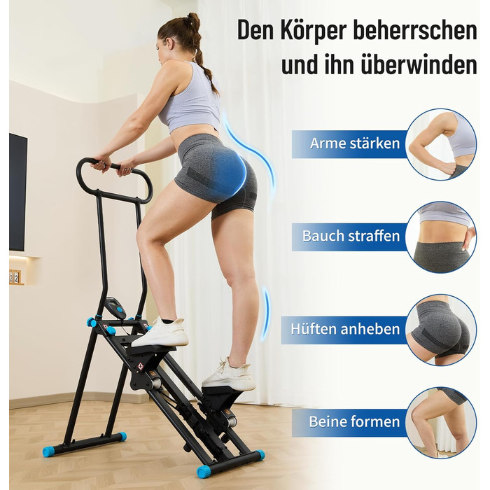 Вертикальний тренажер HXD-ERGO для кардіотренувань, степер з LCD-дисплеєм, регульовані ручки, складний, для дому та фітнес-клубу (Чорно-синій)