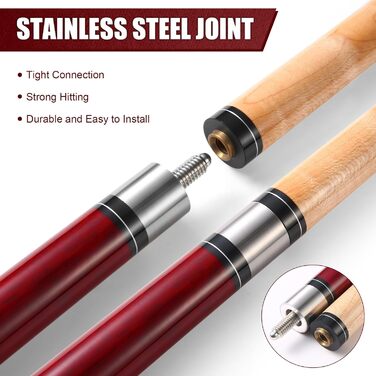 Більярдний кий ASMPCUE Pool Queue, 58 дюймів, канадський клен, 13 мм наконечники, для професійних гравців, 1/2 кий, для настільного більярду, зелений (червоний)