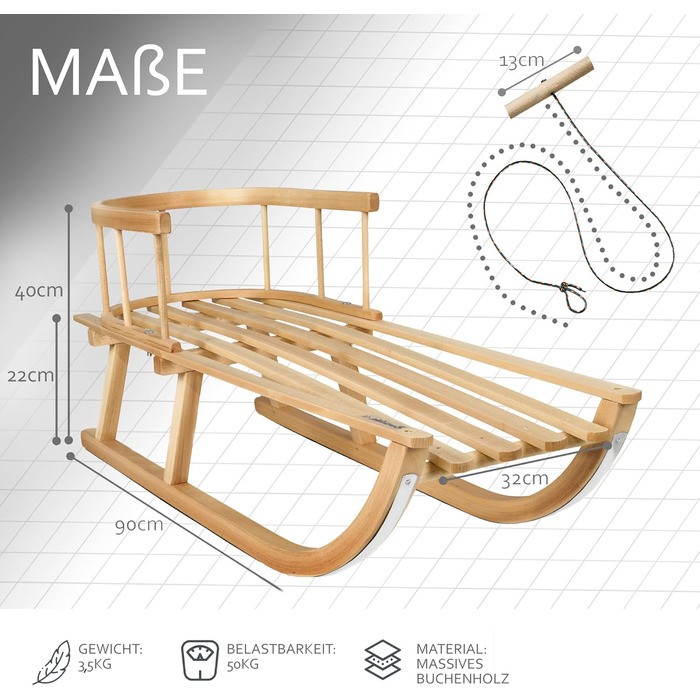 Дитячі санчата Kinderschlitten 90 см з підніжкою - дерев'яні санчата з масивного буку - санчата Davoser з мотузкою та ручкою, міцні, з легкими сталевими чіпками