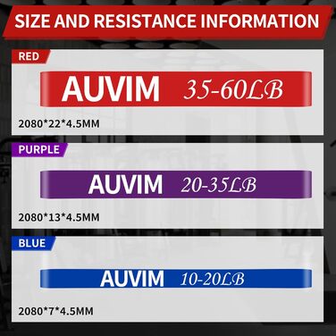 Набір еластичних стрічок для фітнесу AUVIM: 3 рівні опору для силових тренувань, розтяжки, калістеніки, кросфіту, пілатесу, йоги. У комплекті: дверний анкер та сумка для зберігання (блакитний, фіолетовий, червоний)
