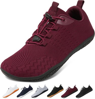 Geweo Взуття для пішохідної ходьби (Barfuss Schuhe) для жінок та чоловіків. Зручні кросівки з широкою передньою частиною, легкі спортивні тапочки для фітнесу, джогінгу, трейлу, хандрі. Zero-Drop підошва, унісекс, розміри 37-47 EU, винно-червоний колір.