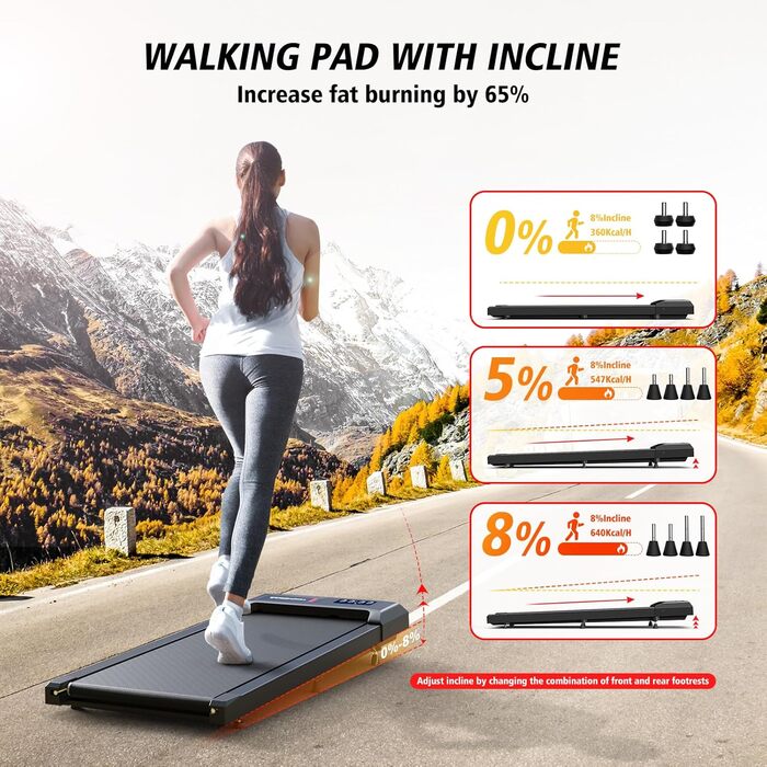 Cardirun Walking Pad: Біговий доріжка з регулюванням нахилу та ручками, 2-в-1 для дому, 2.5HP, до 136KG, портативна з LED-дисплеєм, керуванням через додаток/пульт (Чорний без підлокітників)
