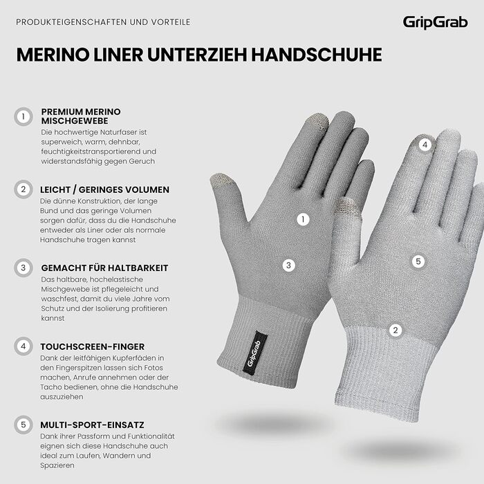 GripGrab Merino Liner: Термо-рукавички з мериносової вовни для їзди на велосипеді, туризму та повсякденного використання (Сірий, XS-S)