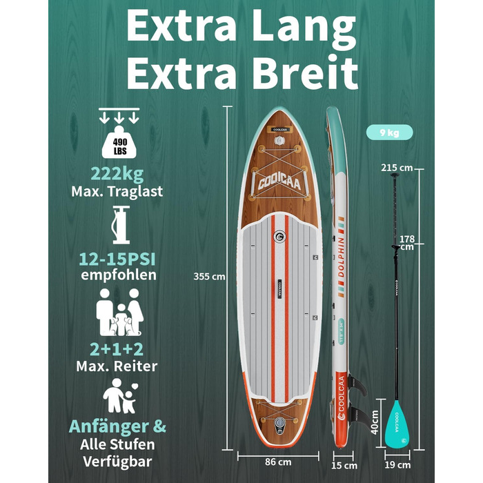 SUP дошка COOLCAA 355 см Timber Skiff надувна з аксесуарами та сумкою для дорослих, вантажопідйомність 222 кг, ширина 86 см