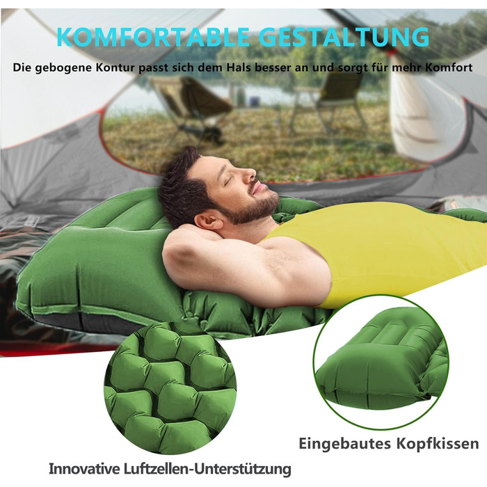 TENQUAN Килимок для кемпінгу самонадувний, 9см, для сну, відпочинку, подорожей, з насосом, для авто, намету, трекінгу, пляжу (Pfauen/Grau) (Grün)