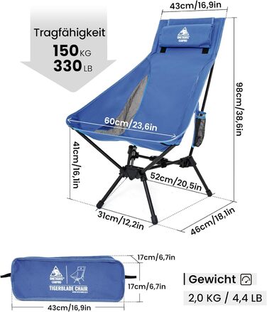 OneTigris TIGERBLADE - Крісло для кемпінгу з високою спинкою, 170 кг, складне, легке, з трикутним каркасом, для риболовлі, з 2 кишенями, для відпочинку на природі, для піших прогулянок (Блакитне)