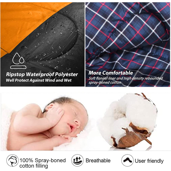 Сплячий мішок RISEPRO Легкий, 1,6 кг, фланелевий, водонепроникний, для 3-4 сезонів, дорослих та дітей, для дому, вулиці, кемпінгу, хайкінгу, чорний