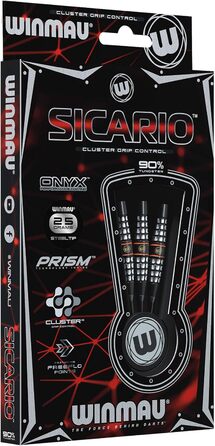 Дротики WINMAU Sicario 25 г, професійні, вольфрамові, з металевим вістрям, набір з оперенням і хвостовиками