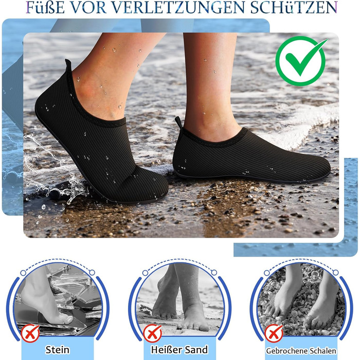 Чоботи для плавання жіночі та чоловічі, аквашузи, шкарпетки для плавання, пляжні чоботи, легкі серфові чоботи, швидковисихаючі, неслизькі, для водного спорту, чорні смужки, 36/37 EU
