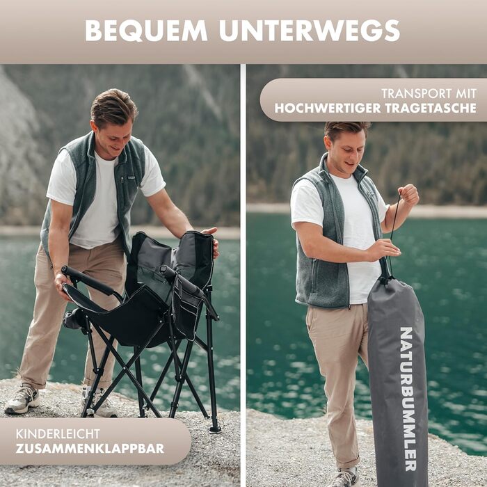 Складний туристичний стілець NaturBummler Cloud Sit+ сірий-чорний: для кемпінгу, риболовлі, відпочинку на природі. Макс. вага: 150 кг