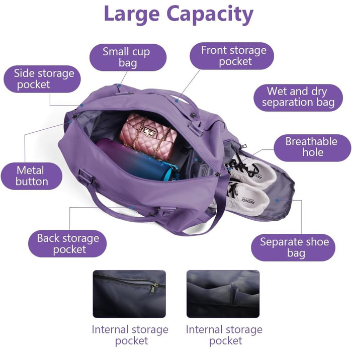 Спортивна сумка Flintronic: дорожня сумка, містка для подорожей, з відділенням для взуття та мокрих речей, водонепроникна, для чоловіків та жінок, чорна (#3 фіолетовий)