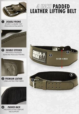 Шкіряний ремінь для бодібілдингу та фітнесу Gorilla Wear 4 дюйми, з підкладкою, чорний, унісекс, розмір S-M