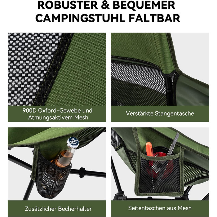 Крісло для кемпінгу Hochlehner, складне, 150 кг, ультралегке, портативне, з підголівником та двома кишенями, компактне рибальське крісло, для кемпінгу, пляжу, відпочинку на природі та піших прогулянок (колір: хакі)