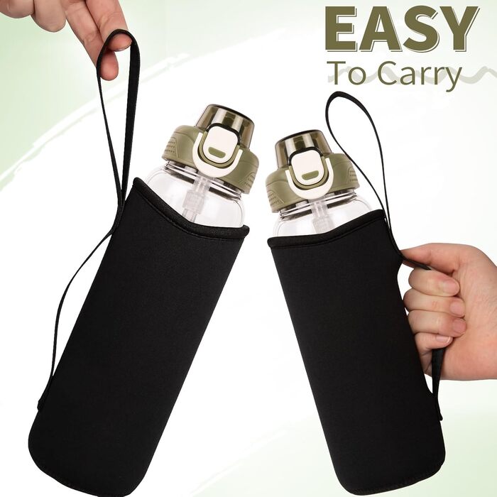 DEARRAY Скляна пляшка для води 0,6 л з трубочкою, герметична, BPA Free, у чохлі, для дітей, школи, спорту, чоловіків та жінок, зелена кришка