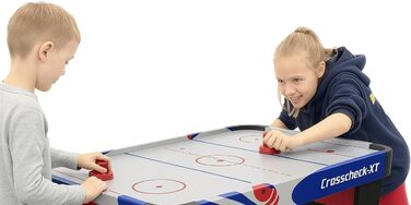 Airhockey стіл Carromco Crosscheck-XT – ігрове поле з високоглянцевим покриттям, вентильоване поле, 2 шайби та 2 ракетки, розмір 79x122x61 см, синій, для дітей та дорослих