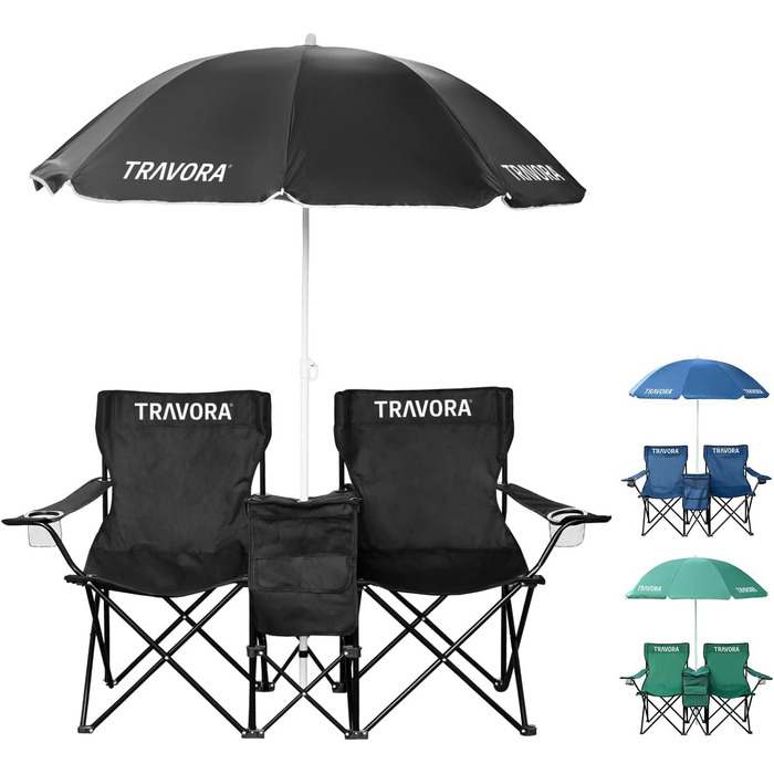 Кемпінговий стілець TRAVORA 2 шт. з сонцезахистом та кишенею для охолодження - складний двомісний стілець для відпочинку та риболовлі, чорний