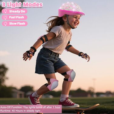Дитячий шолом та набір захисту (3-8 років), рожевий, з LED-ліхтариками, для велосипеда та скейтборда
