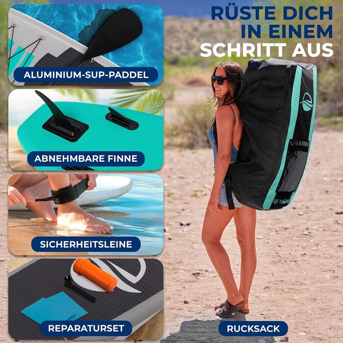 Надувний SUP СерeneLife для дорослих та дітей: комплект з веслом, насосом та сумкою. Touring SUP для плавання по морю, річці та озеру. Максимальне навантаження 155 кг, колір аквамарин.