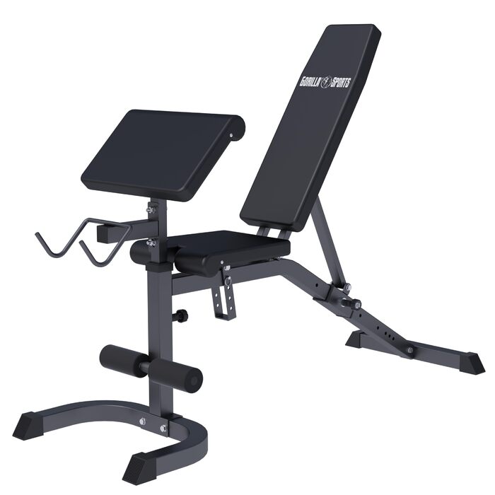 Лава для жиму Gorilla Sports® з регулюванням, до 250 кг - багатофункціональна лава для силових тренувань, прес, біцепс, чорна