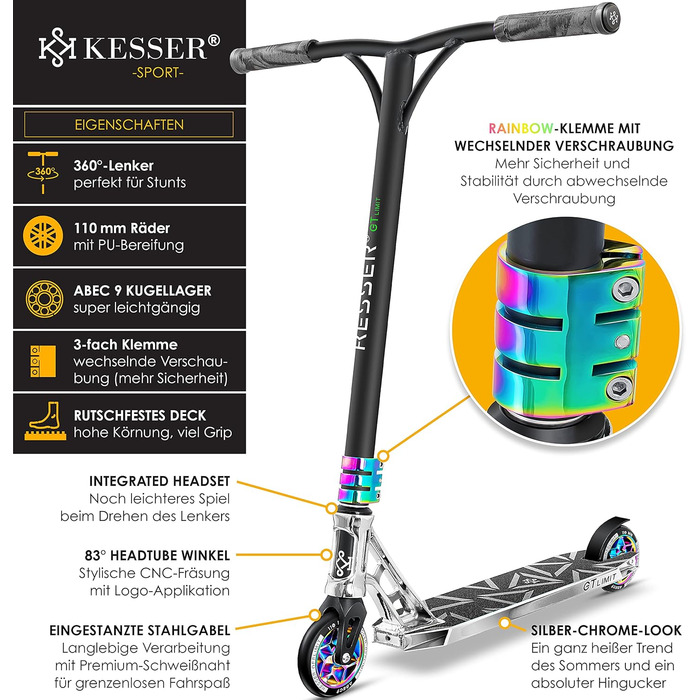 Трюковий самокат KESSER GT-Limit 360°, з підніжкою, підшипниками ABEC 9, 110 мм PU колесами, для дітей та дорослих