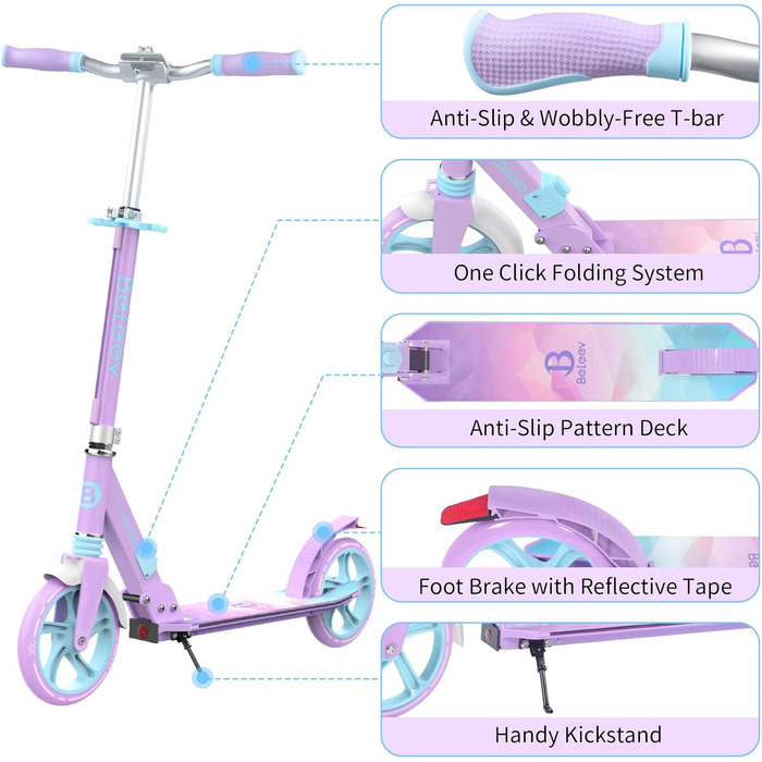 Самокат трюковий BELEEV з LED підсвіткою, регульованою висотою, колесами 200мм, ABEC-9, амортизацією та ременем для перенесення. Складний міський самокат для дітей від 6 років, підлітків та дорослих.