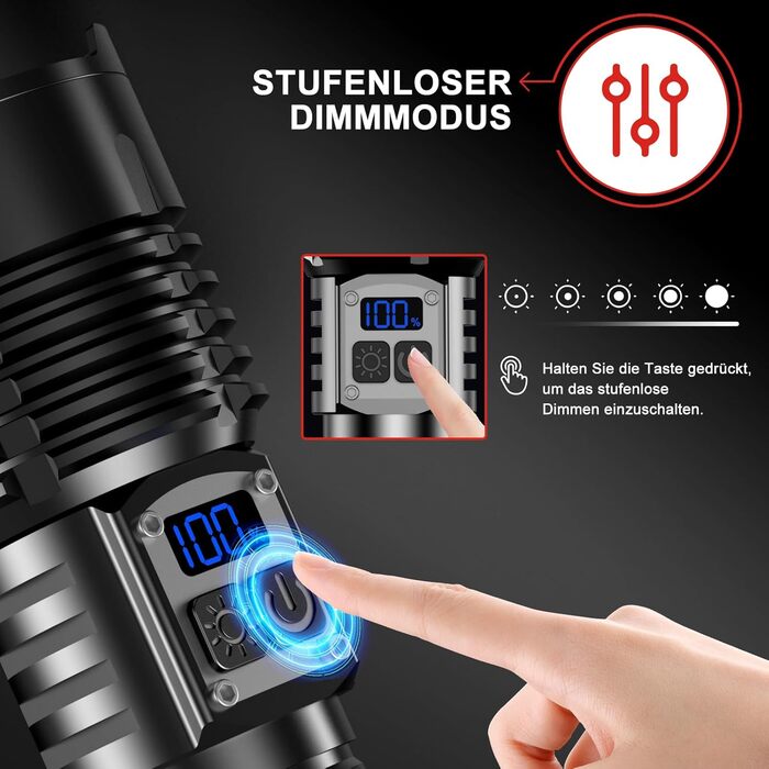 WOWNIGHT LED ліхтарик на акумуляторі 1000000 люмен, 2 режими, USB-C, тактичний, регулювання яскравості, налобний, для кемпінгу та надзвичайних ситуацій, чорний обсидіан