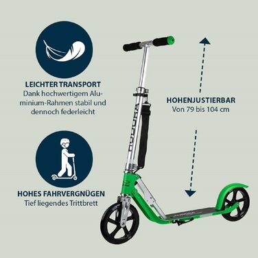 Самокат HUDORA BigWheel 205 для дітей і дорослих, складаний, регульована висота, до 100 кг, з тросовим замком і ременем для перенесення, для міста, від 6 років