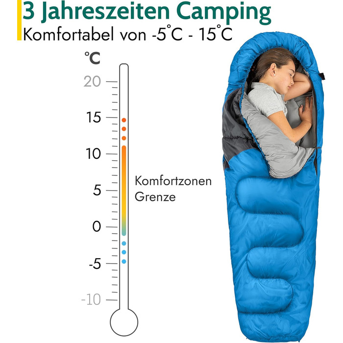 Дитячий спальник Trail Mumienschlafsack для кемпінгу 3 сезони, блакитний, 300 г/м² - з транспортним рюкзаком для хлопчиків та дівчаток