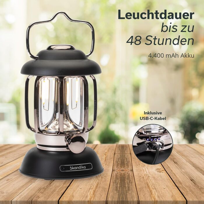 Ліхтар намету Skandika Forsol LED Retro-стиль | Акумулятор 4400mAh, регулювання яскравості, для кемпінгу, саду, декору, піших прогулянок, зелений (чорний)