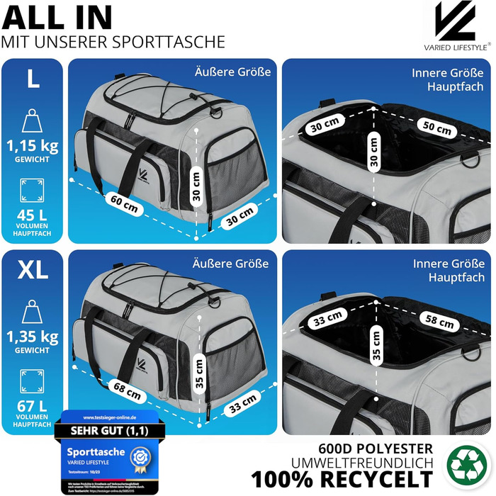 Спортивна сумка V® з відділенням для взуття, мокрою білизною та ізольованим холодильним відсіком. Сумка для сауни, подорожей, спортзалу, фітнесу, плавання. Чорний-сірий, чорно-сріблястий (XL, сріблясто-карбоновий)