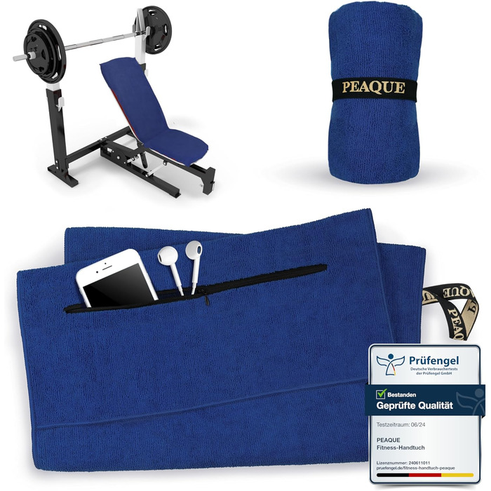 Рушник для фітнесу PEAQE з кишенею на блискавці | Мікрофібра з фротте-структурою | Швидковисихаючий рушник для спортзалу | М'який, 120 x 50 см (Navy-Blue)