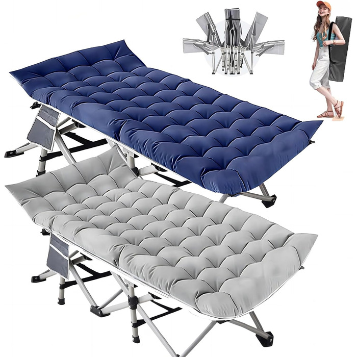 Розкладне ліжко для кемпінгу Newfulam XXL/XL з матрацом (до 400 кг), сіре+блакитне, 2 шт.