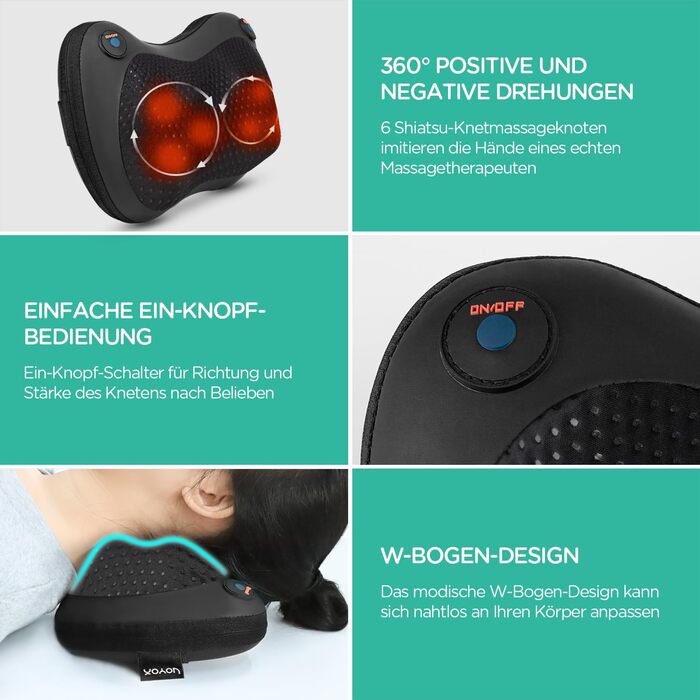 VOYOR HEALTH Масажна подушка з підігрівом, шиацу масажер з 3D головками, електричний прилад для зняття м'язового болю шиї, спини та ніг, подарунок для чоловіків і жінок, чорна