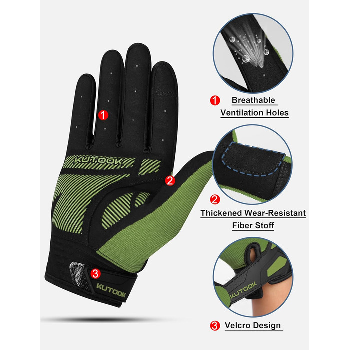 Рукавички для гірського велосипеда KUTOOK: захист долоні, сенсорний екран, дихаючі, зелені, XL