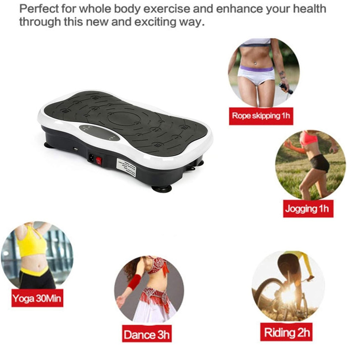 Віброплатформа для фітнесу з Bluetooth та USB, тренувальні гуми, пульт ДУ, чорно-біла