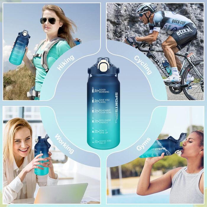 Спортивна пляшка для води MOMSIV 2L з трубочкою та відсіком для фруктів, з позначками часу, чорна (блакитно-зелена), BPA-Free