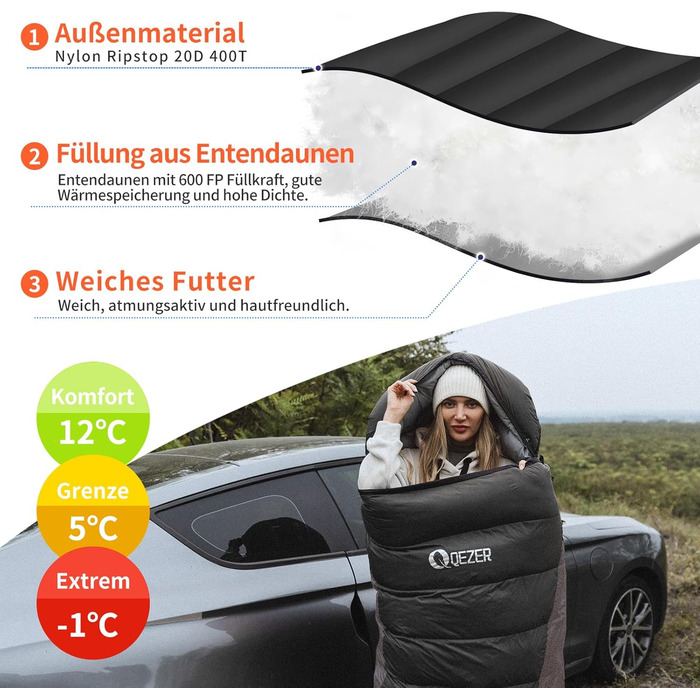 Спальний мішок пуховий зимовий, 600FP+ Premium, 12°C - -24°C, легкий та теплий, 3-4 сезони, для кемпінгу, трекінгу, чорний