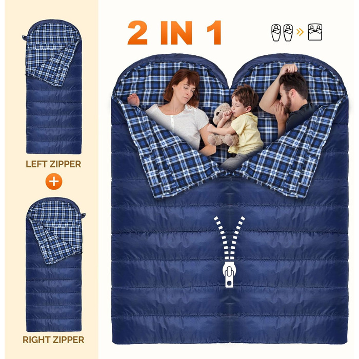 Сплячий мішок XXL для дорослих, 3-4 сезони, фланель, для кемпінгу та зимового відпочинку, 230x90 см, з сумкою, вологостійкий та теплий, блакитний