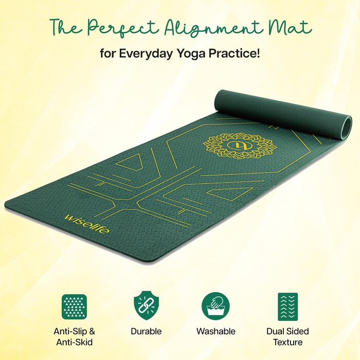 Килимок для йоги Wiselife Tru Alignment із ременем, TPE, 6 мм, екстра товстий, довгий і широкий, смарагдовий, для жінок і чоловіків