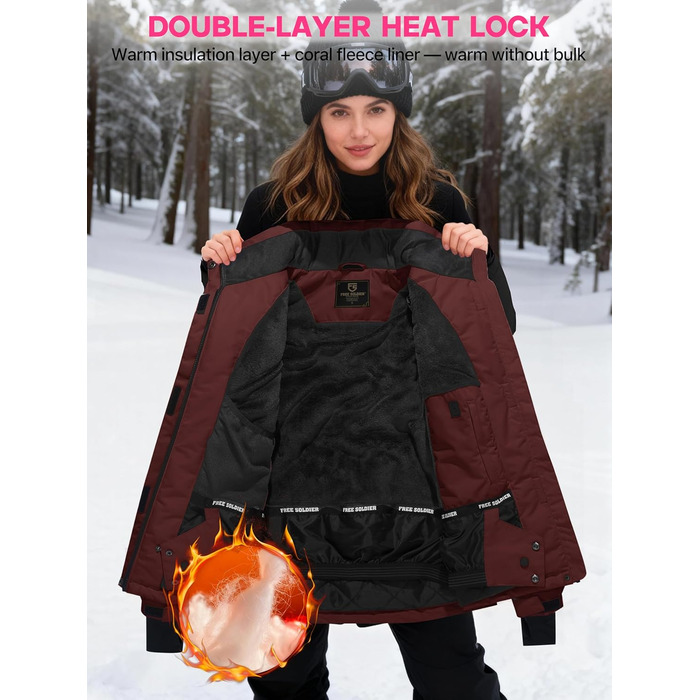 Жіноча водонепроникна куртка для сноубордингу та лижного спорту FREE SOLDIER з флісовою підкладкою, тепла зимова куртка з капюшоном, повністю проклеєні шви (XXL, Бордовий)