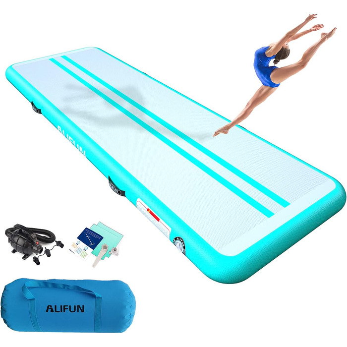 ALIFUN Килимок для гімнастики та акробатики надувний, 2м/3м/4м/6м, 10/20см, з насосом, для дому, фітнесу, тренувань, чирлідингу, басейну (зелений, 300x100x10 см)