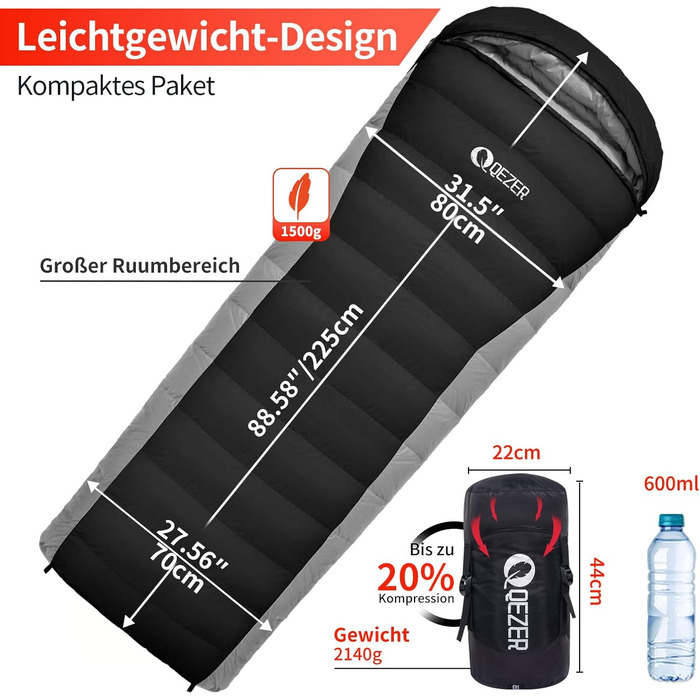 Сплячий мішок пуховий, зимовий, 600FP+, 12°C - -24°C, легкий та теплий, для 3-4 сезонів, кемпінг, трекінг, походи, оранжевий/чорний