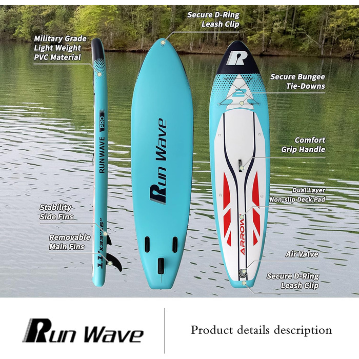 Надувна SUP-дошка Runwave з антиковзким покриттям, комплект аксесуарів, широка стійка, плавники для контролю, для підлітків і дорослих початківців