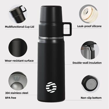 Термос Healter 850 мл з чашкою для кави, герметичний, BPA-free, нержавіюча сталь, для дітей, спорту, школи, фітнесу, кемпінгу, чорний